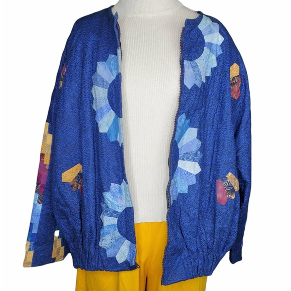 Artisan Jacket Coat 'Women's Blue Yellow Patchwork Zip Lined Handcrafted Plus 4X - Picture 9 of 12